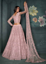 Thumbnail for Vegaa Fashion Designer Dusty Pink Net Embroidery Bridal Lehenga