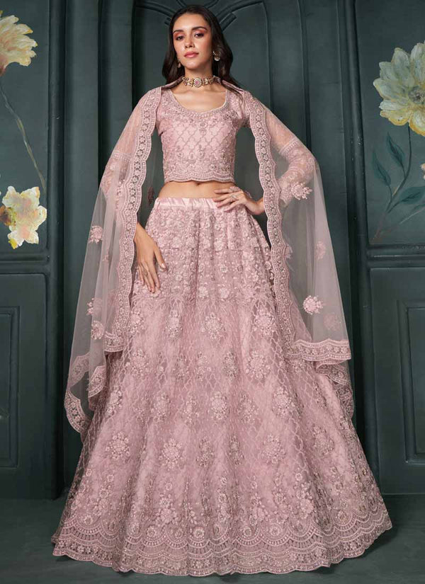 Vegaa Fashion Designer Dusty Pink Net Embroidery Bridal Lehenga