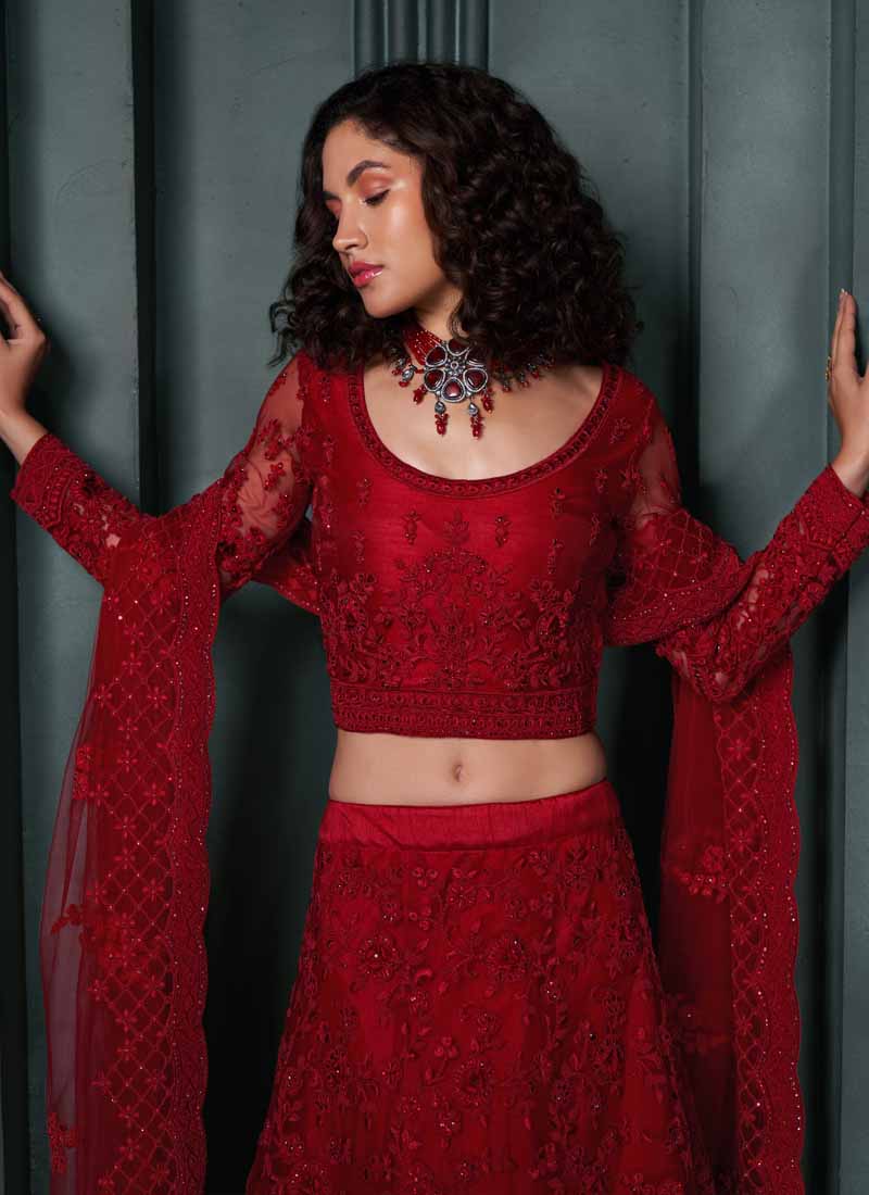Vegaa Fashion Designer Red Net Embroidery Bridal Lehenga