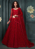 Thumbnail for Vegaa Fashion Designer Red Net Embroidery Bridal Lehenga