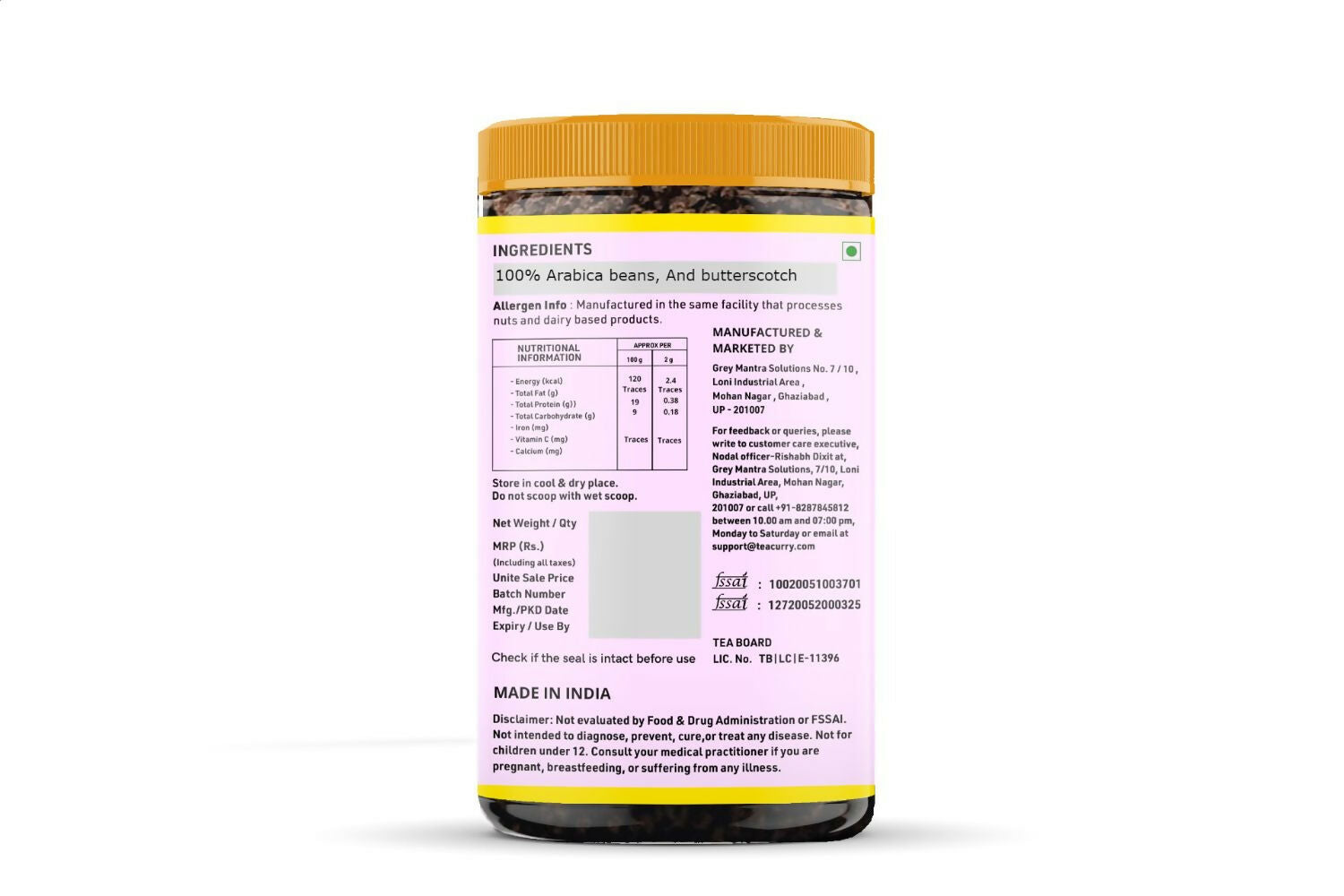 Teacurry Butterscotch Coffee - Arabica Freeze Dried Coffee for Instant Hot & Cold Coffee - Distacart
