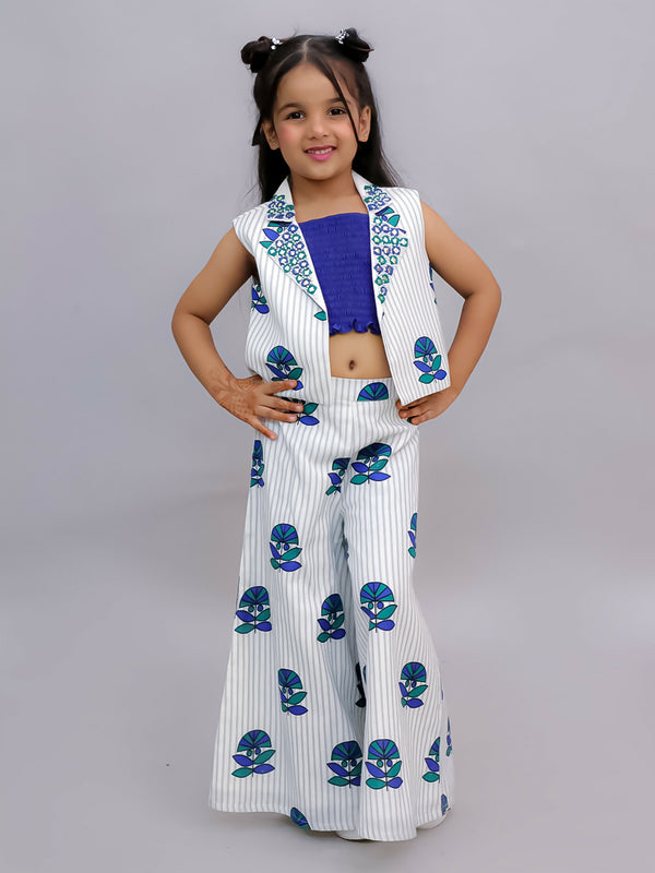 Lil Drama Shor-Gul White Jacket and Pant With Blue Bustier Set For Girls