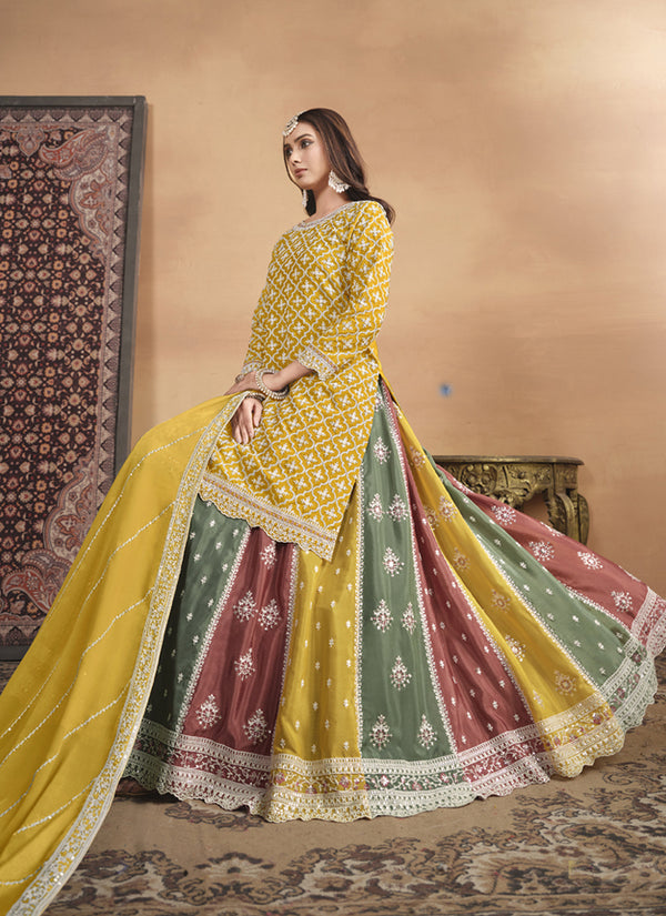 Vegaa Fashion Yellow Chinon Silk Embroidered Lehenga Style Suit