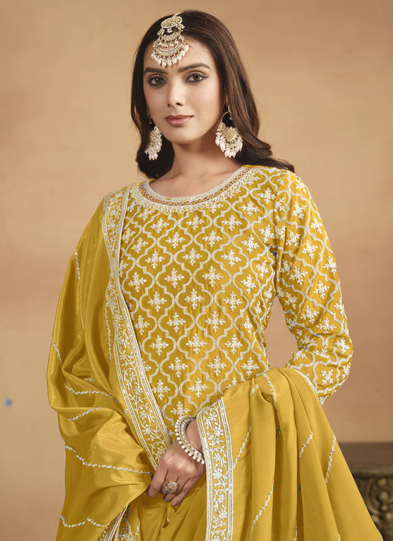 Vegaa Fashion Yellow Chinon Silk Embroidered Lehenga Style Suit