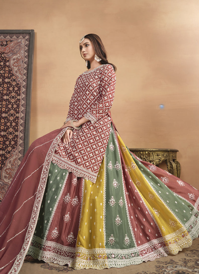 Vegaa Fashion Peach Chinon Silk Embroidered Lehenga Style Suit