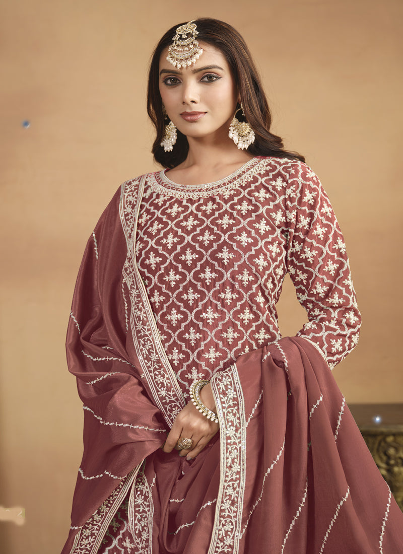 Vegaa Fashion Peach Chinon Silk Embroidered Lehenga Style Suit