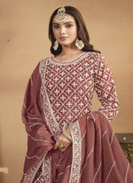 Thumbnail for Vegaa Fashion Peach Chinon Silk Embroidered Lehenga Style Suit