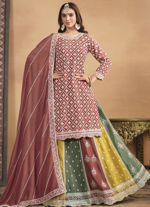 Vegaa Fashion Peach Chinon Silk Embroidered Lehenga Style Suit