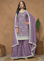 Thumbnail for Vegaa Fashion Lavender Chinon Silk Embroidered Palazzo Suit