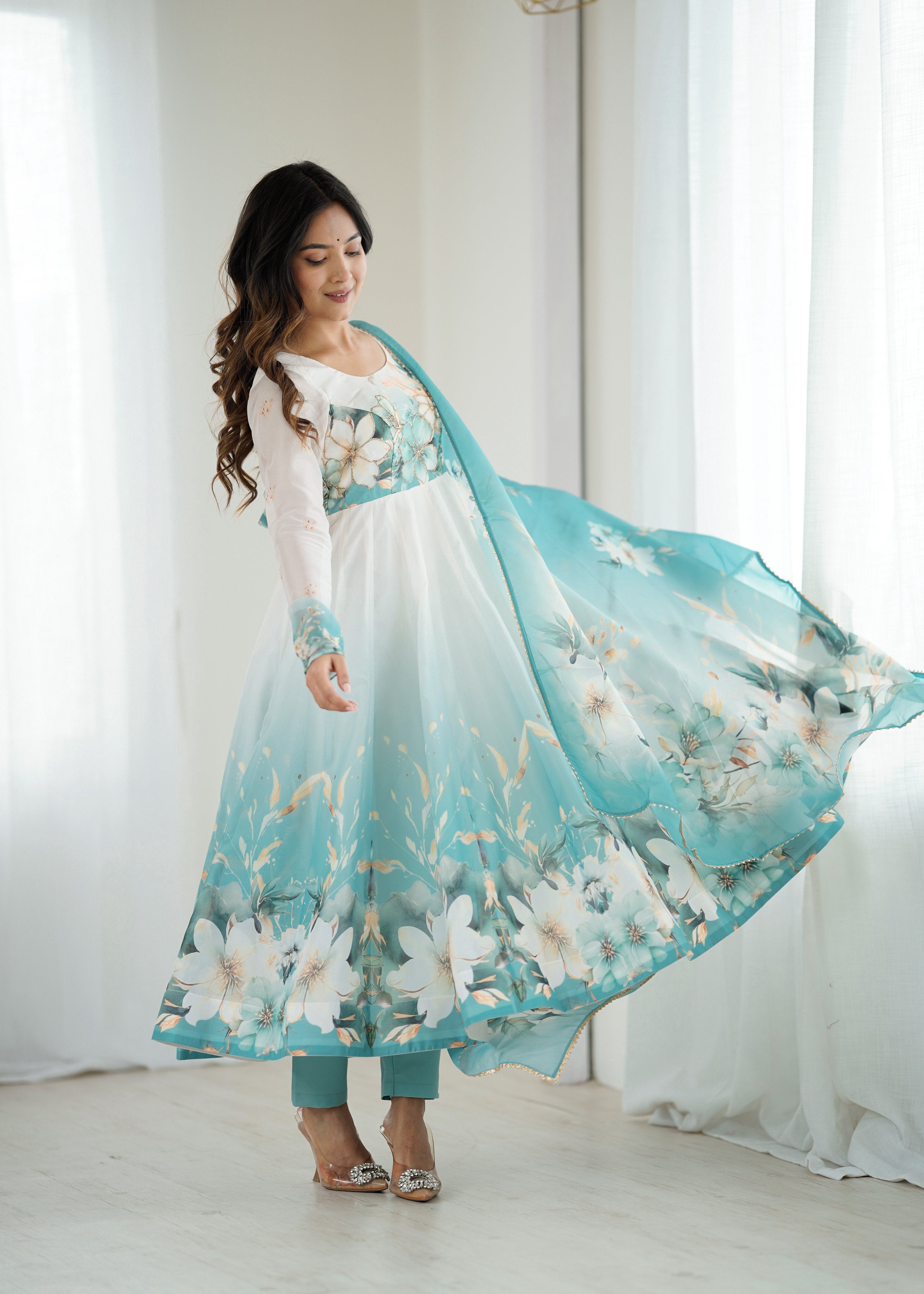 Evanik Aqua Blue Soft Organza Silk With Floral Print Fully Flared Anarkali Pant With Dupatta Set