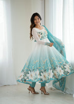 Thumbnail for Evanik Aqua Blue Soft Organza Silk With Floral Print Fully Flared Anarkali Pant With Dupatta Set