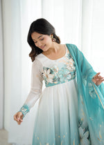 Thumbnail for Evanik Aqua Blue Soft Organza Silk With Floral Print Fully Flared Anarkali Pant With Dupatta Set