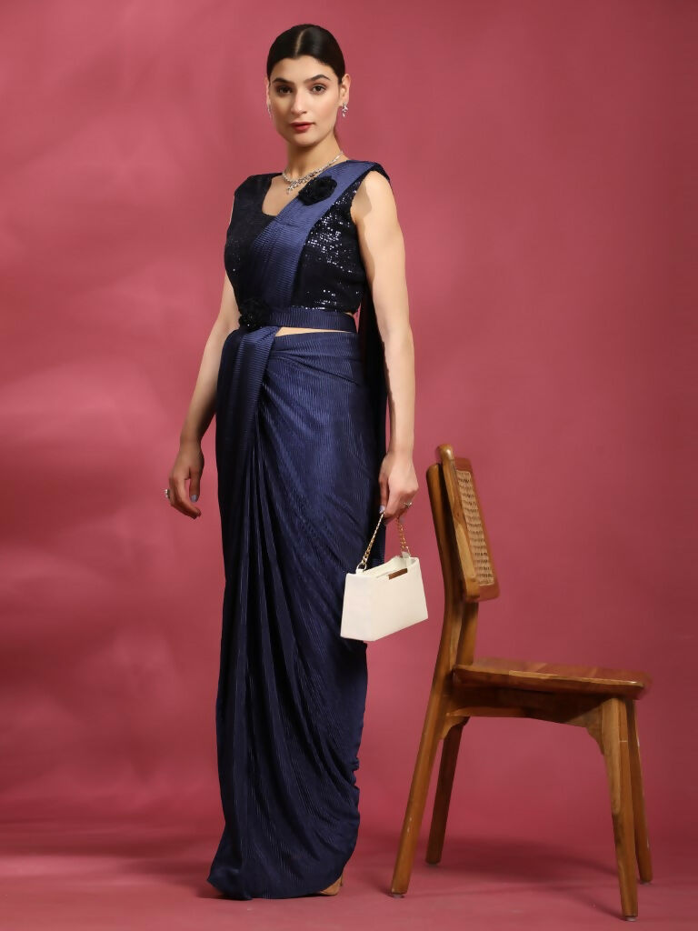 Blue Imported Crush Lycra Texture Pattern Ready to Wear Saree with stitched Blouse - Nirvana - Distacart