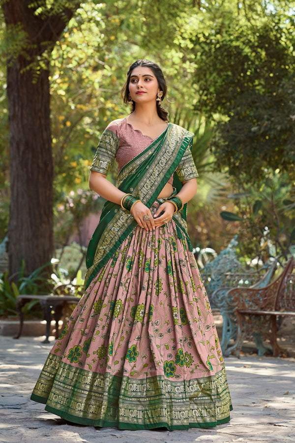 Vastranavya Kalamkari Print With Foil Print Lehenga with Unstitched Printed Blouse - Onion - Distacart