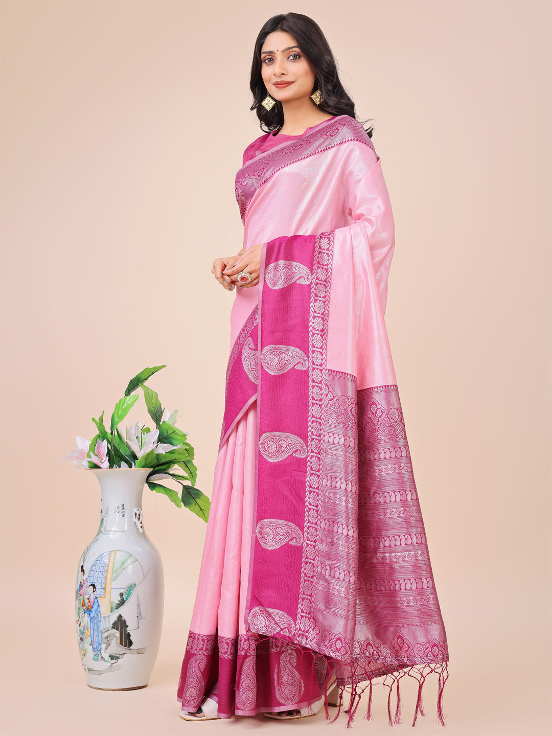 Aanika Women Light Pink Linen Cotton Saree With UnStiched Blouse - Distacart