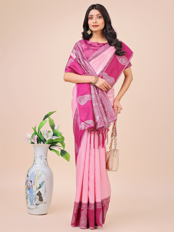 Aanika Women Light Pink Linen Cotton Saree With UnStiched Blouse - Distacart