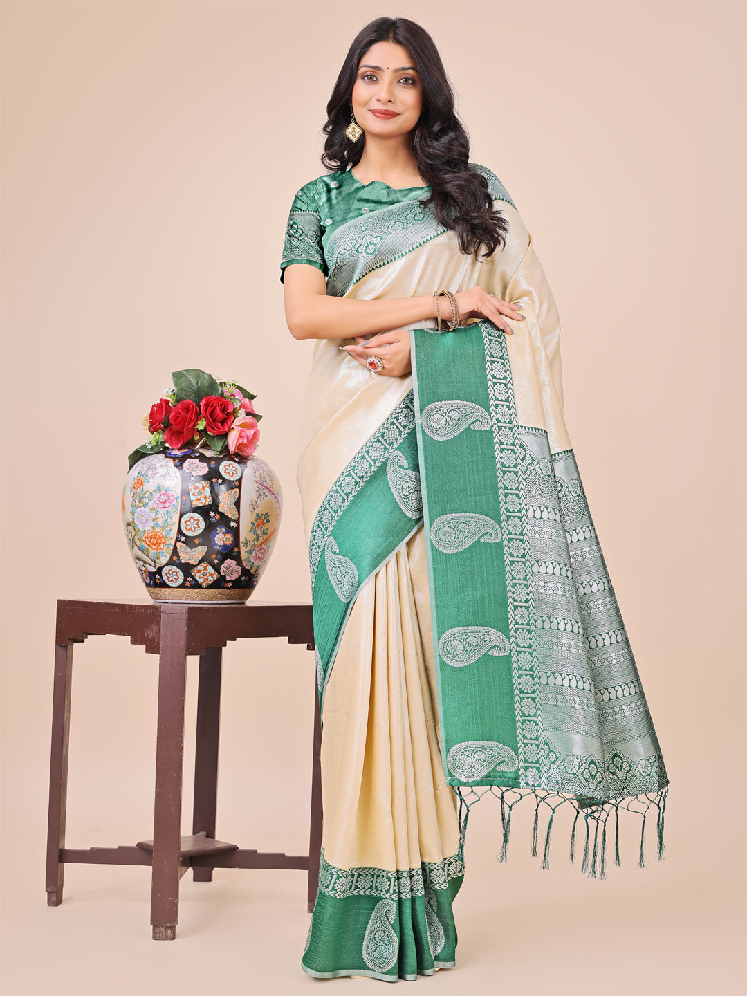 Aanika Women Cream Linen Cotton Saree With UnStiched Blouse - Distacart
