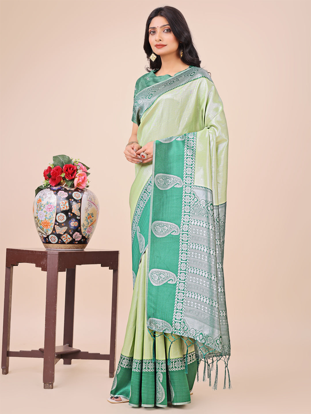 Aanika Women Light Green Linen Cotton Saree With UnStiched Blouse - Distacart