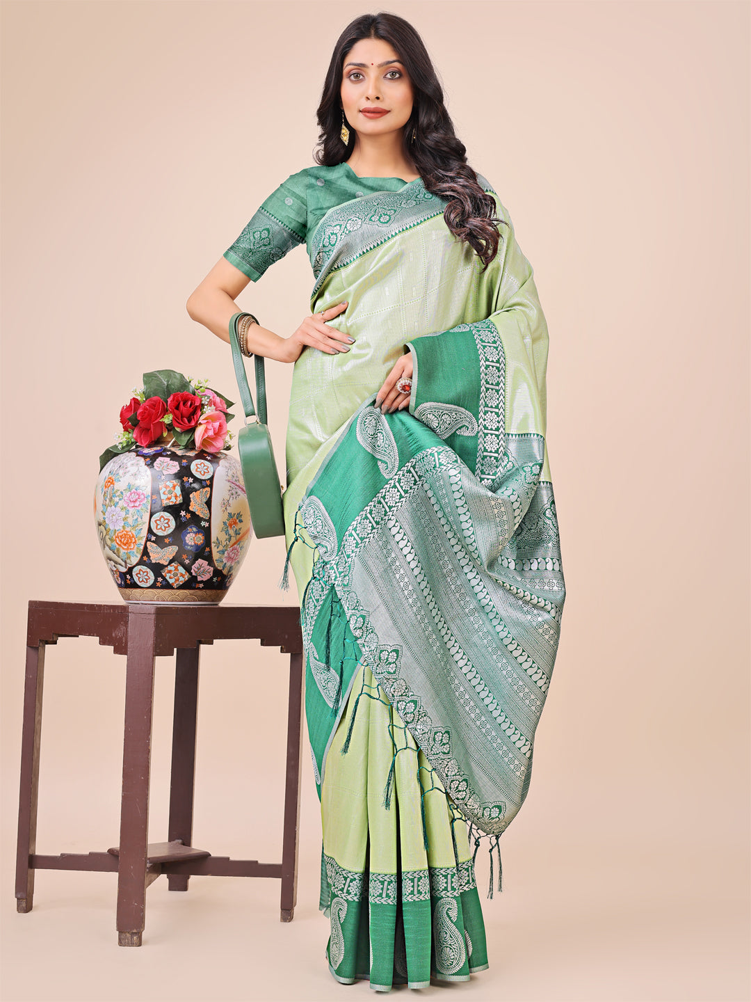Aanika Women Light Green Linen Cotton Saree With UnStiched Blouse - Distacart
