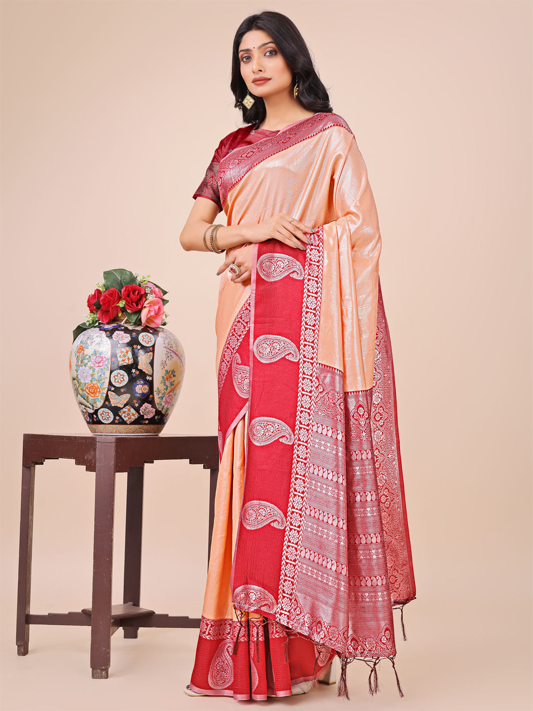 Aanika Women Peach Linen Cotton Saree With UnStiched Blouse - Distacart