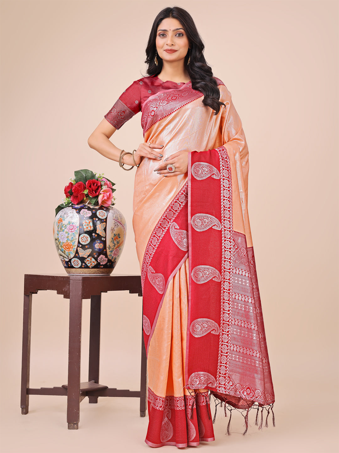 Aanika Women Peach Linen Cotton Saree With UnStiched Blouse - Distacart