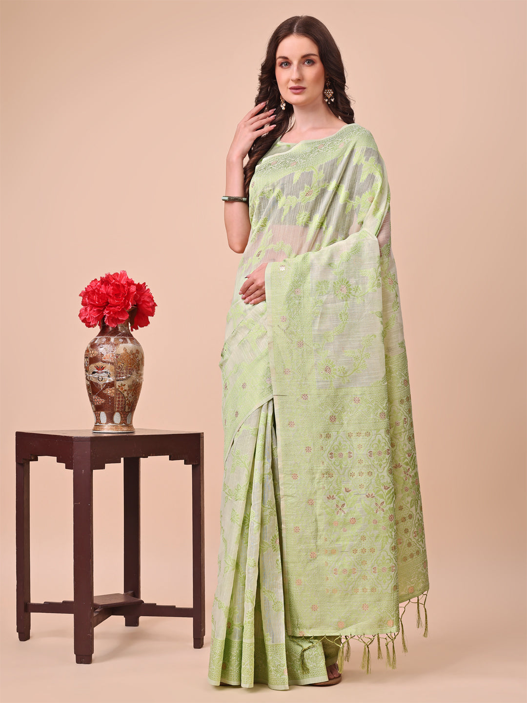 Aanika Women Light Green Cotton Saree With UnStiched Blouse - Distacart