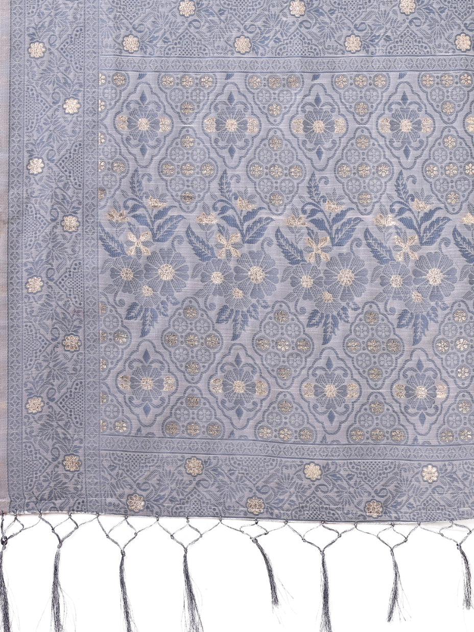 Aanika Women Grey Cotton Saree With UnStiched Blouse