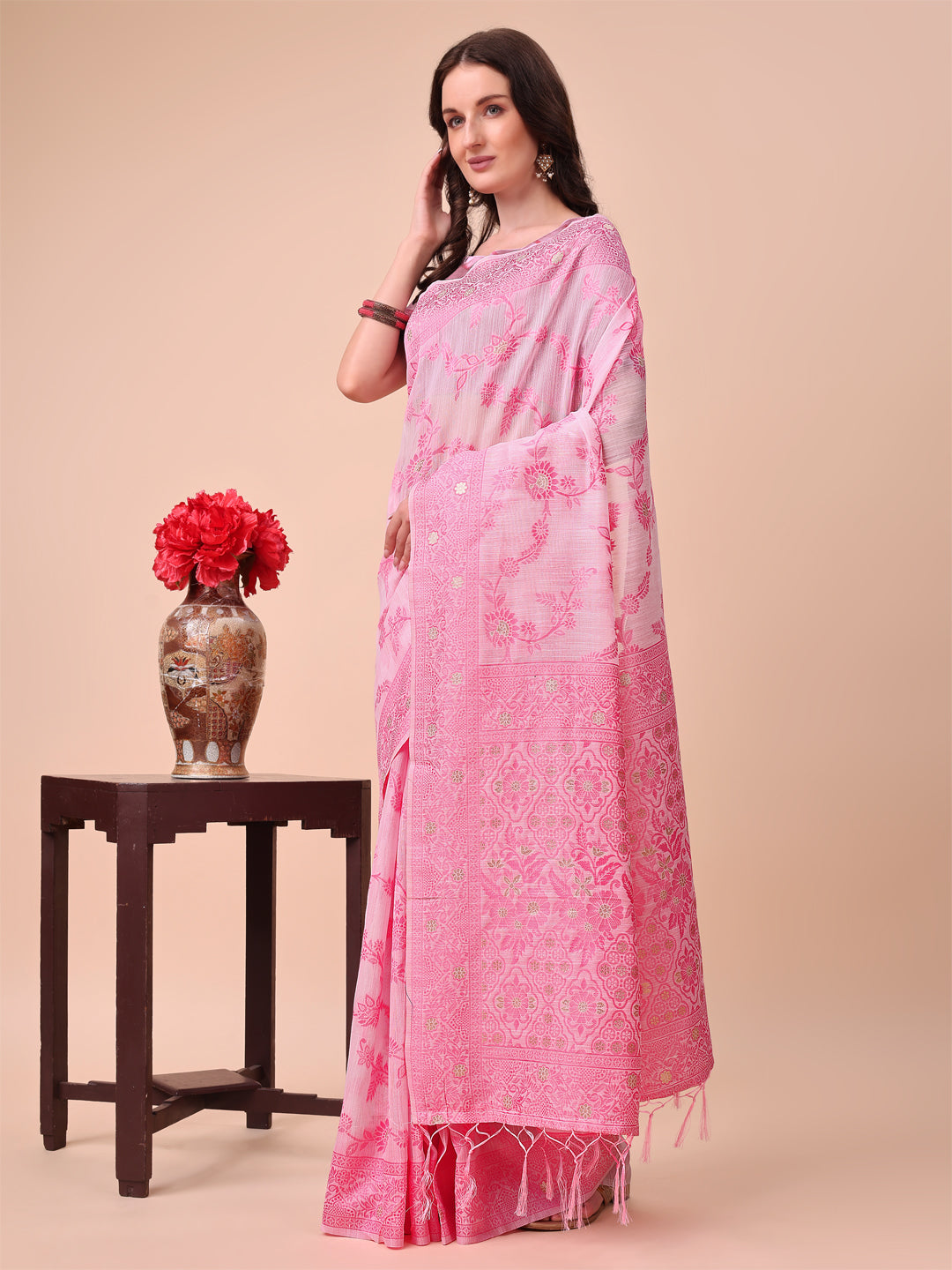 Aanika Women Pink Cotton Saree With UnStiched Blouse - Distacart