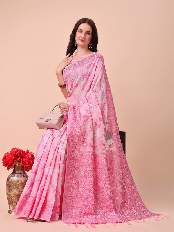 Aanika Women Pink Cotton Saree With UnStiched Blouse - Distacart
