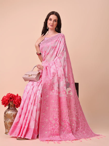 Aanika Women Pink Cotton Saree With UnStiched Blouse - Distacart