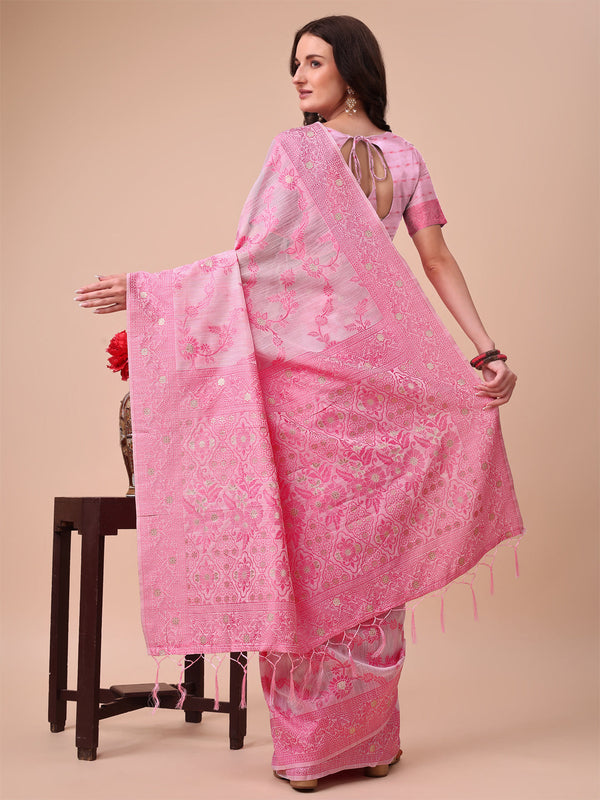 Aanika Women Pink Cotton Saree With UnStiched Blouse - Distacart