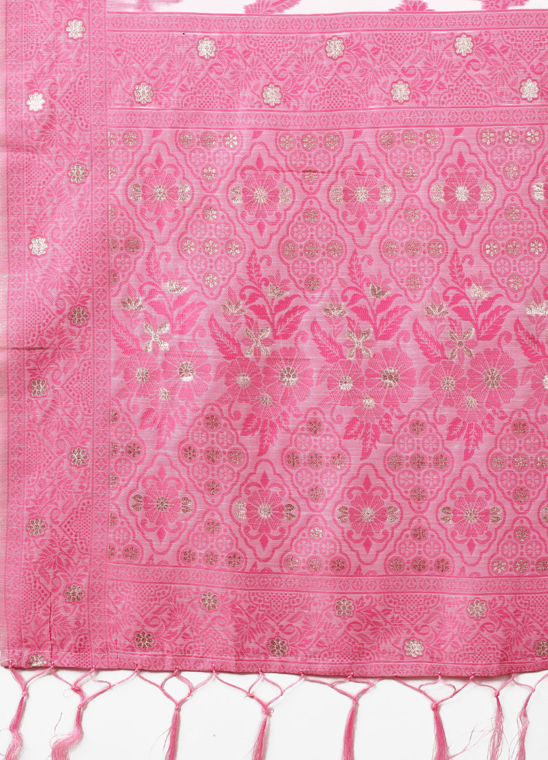 Aanika Women Pink Cotton Saree With UnStiched Blouse - Distacart