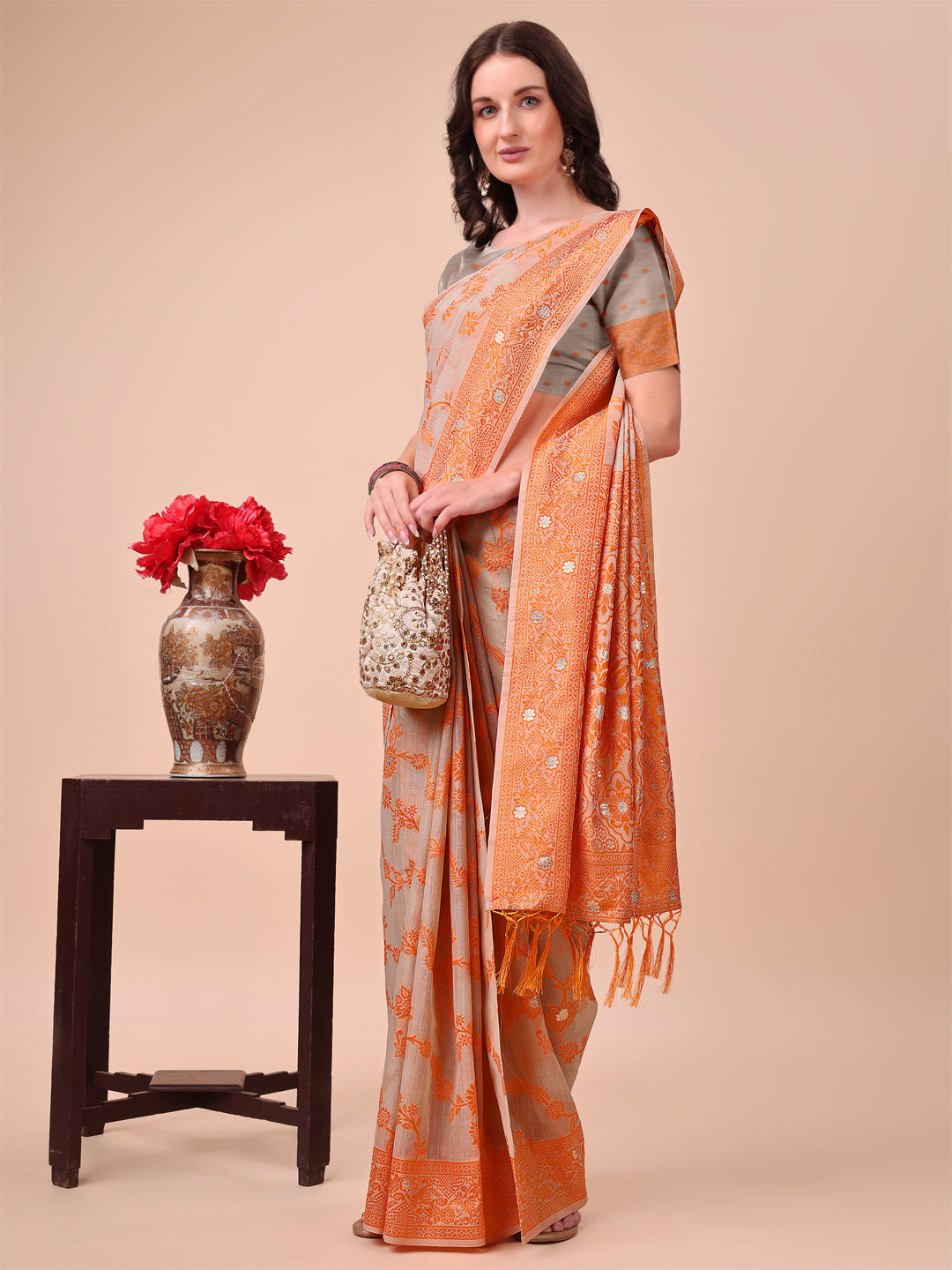 Aanika Women Orange Cotton Saree With UnStiched Blouse - Distacart
