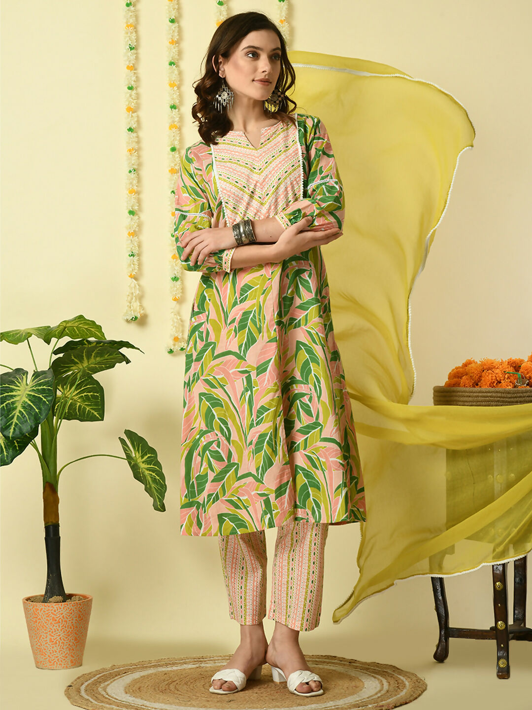 Myshka Women's Multi Pure Cotton Kurta & Palazzos With Dupatta Party Sets - Distacart