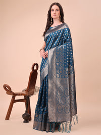 Thumbnail for Aanika Women Blue Lichi Silk Saree With UnStiched Blouse