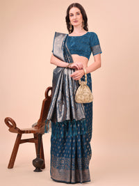 Thumbnail for Aanika Women Blue Lichi Silk Saree With UnStiched Blouse