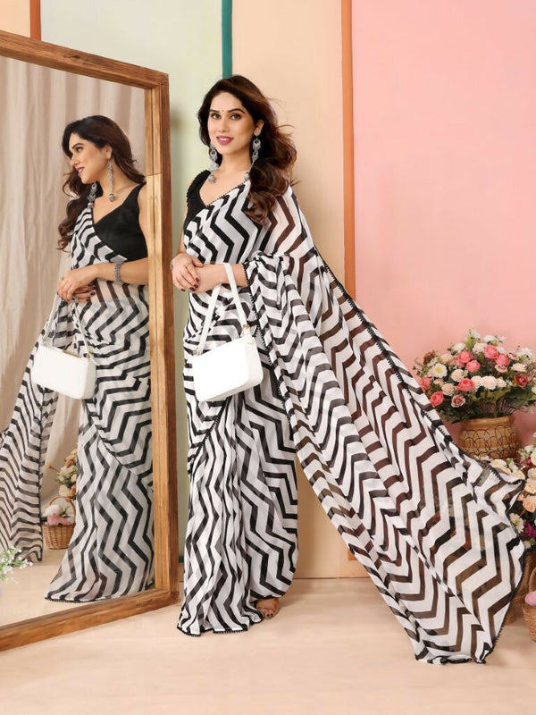 Partywear Designer Black & White Georgette Fancy Saree - Satrangi - Distacart