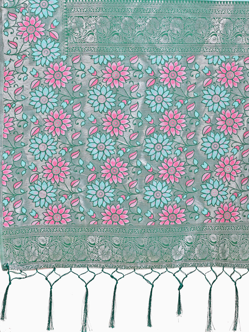 Aanika Women Teal Lichi Silk Saree With UnStiched Blouse - Distacart