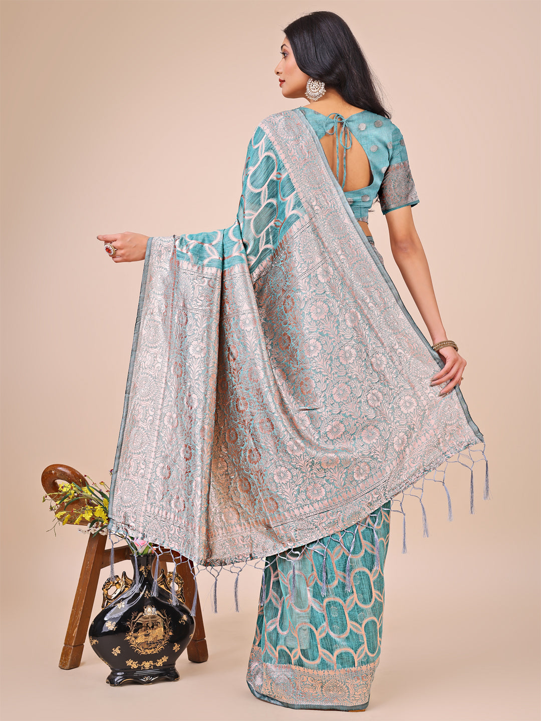 Aanika Women Teal Linen Cotton Saree With UnStiched Blouse - Distacart