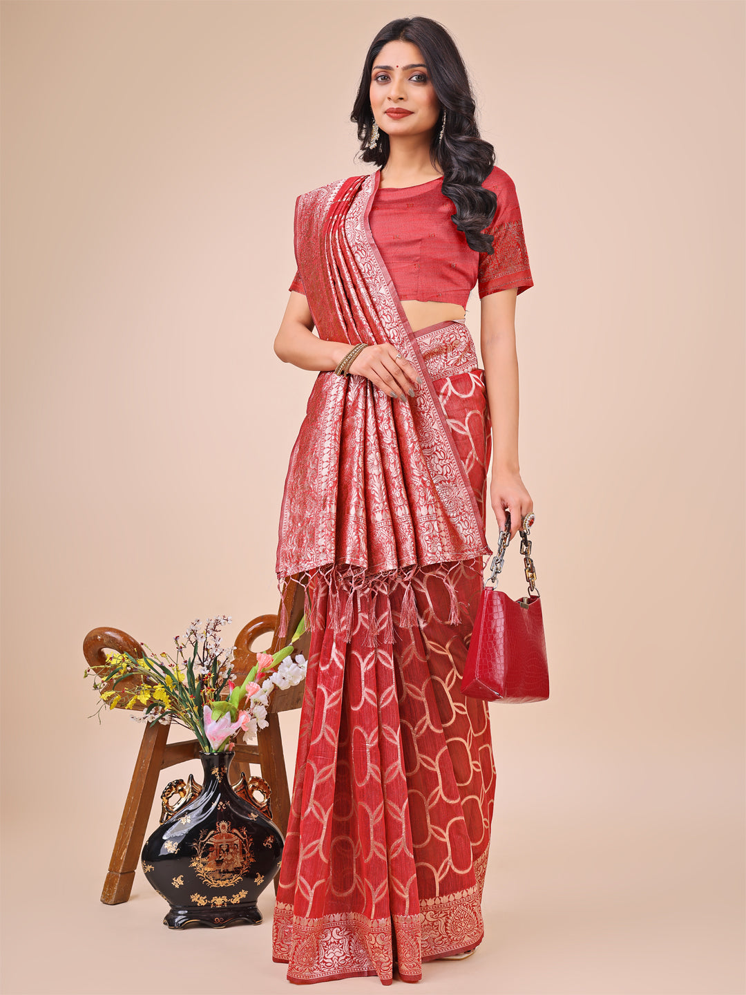 Aanika Women Red Linen Cotton Saree With UnStiched Blouse - Distacart