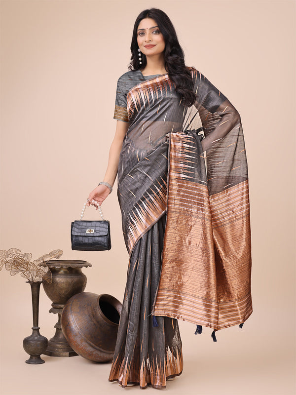 Aanika Women Grey Linen Cotton Saree With UnStiched Blouse - Distacart
