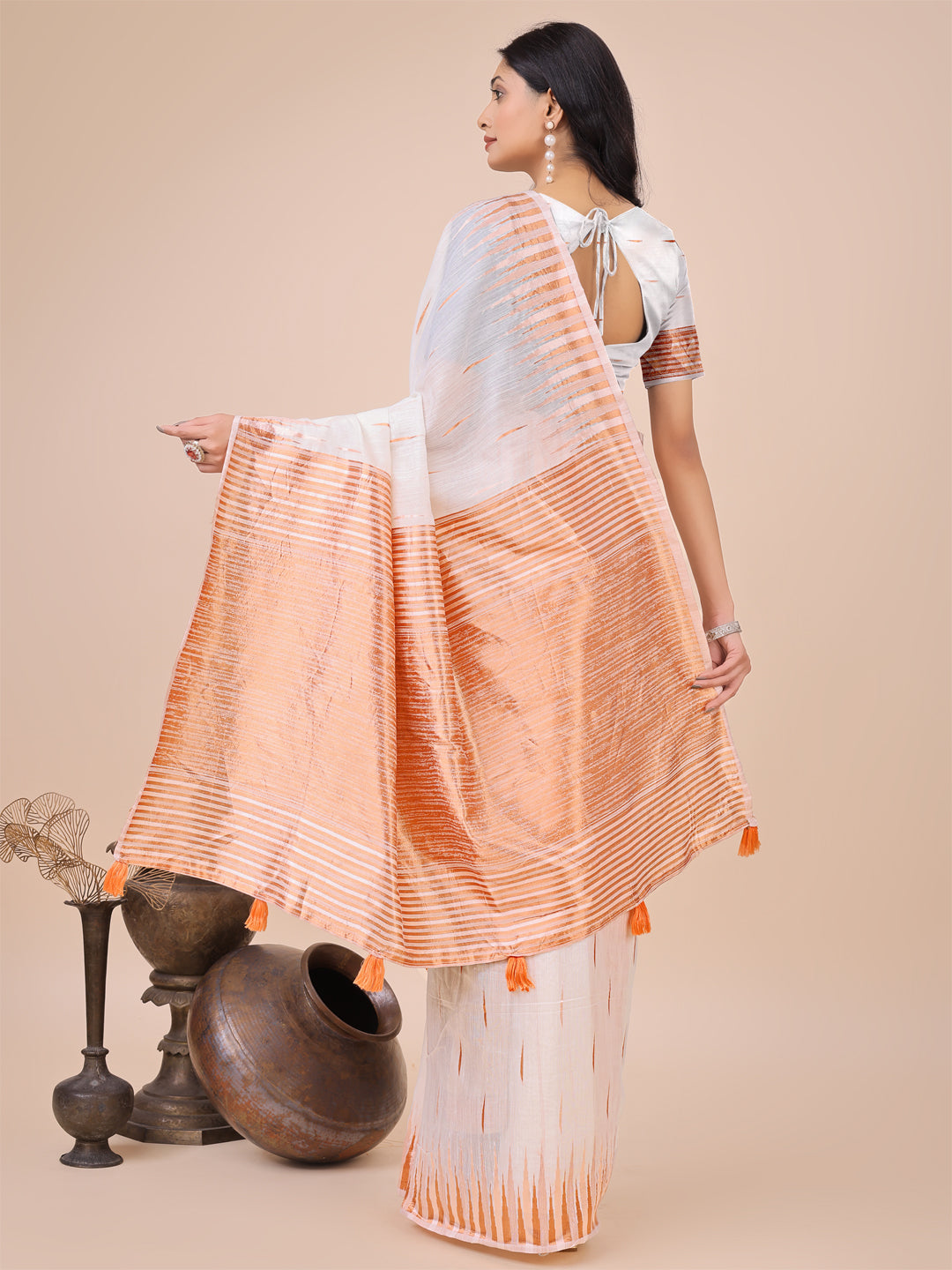 Aanika Women White Linen Cotton Saree With UnStiched Blouse - Distacart