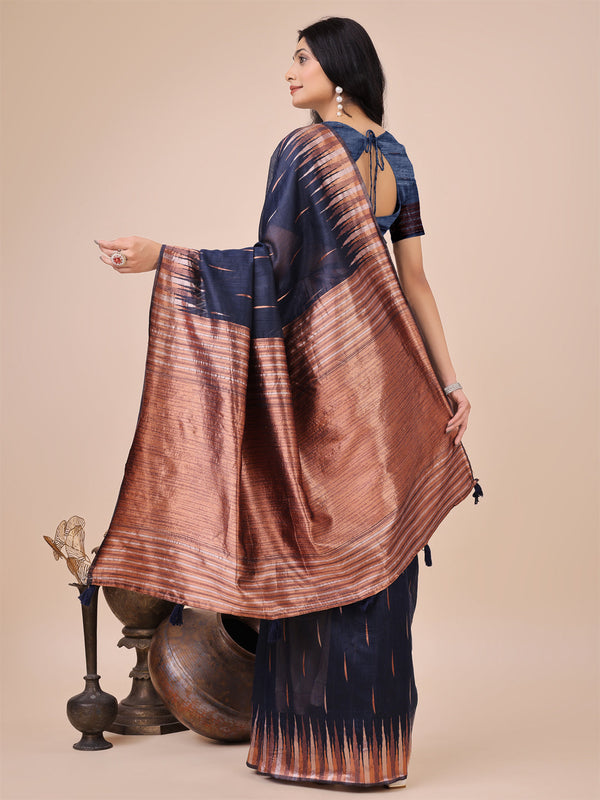 Aanika Women Navy Blue Linen Cotton Saree With UnStiched Blouse - Distacart