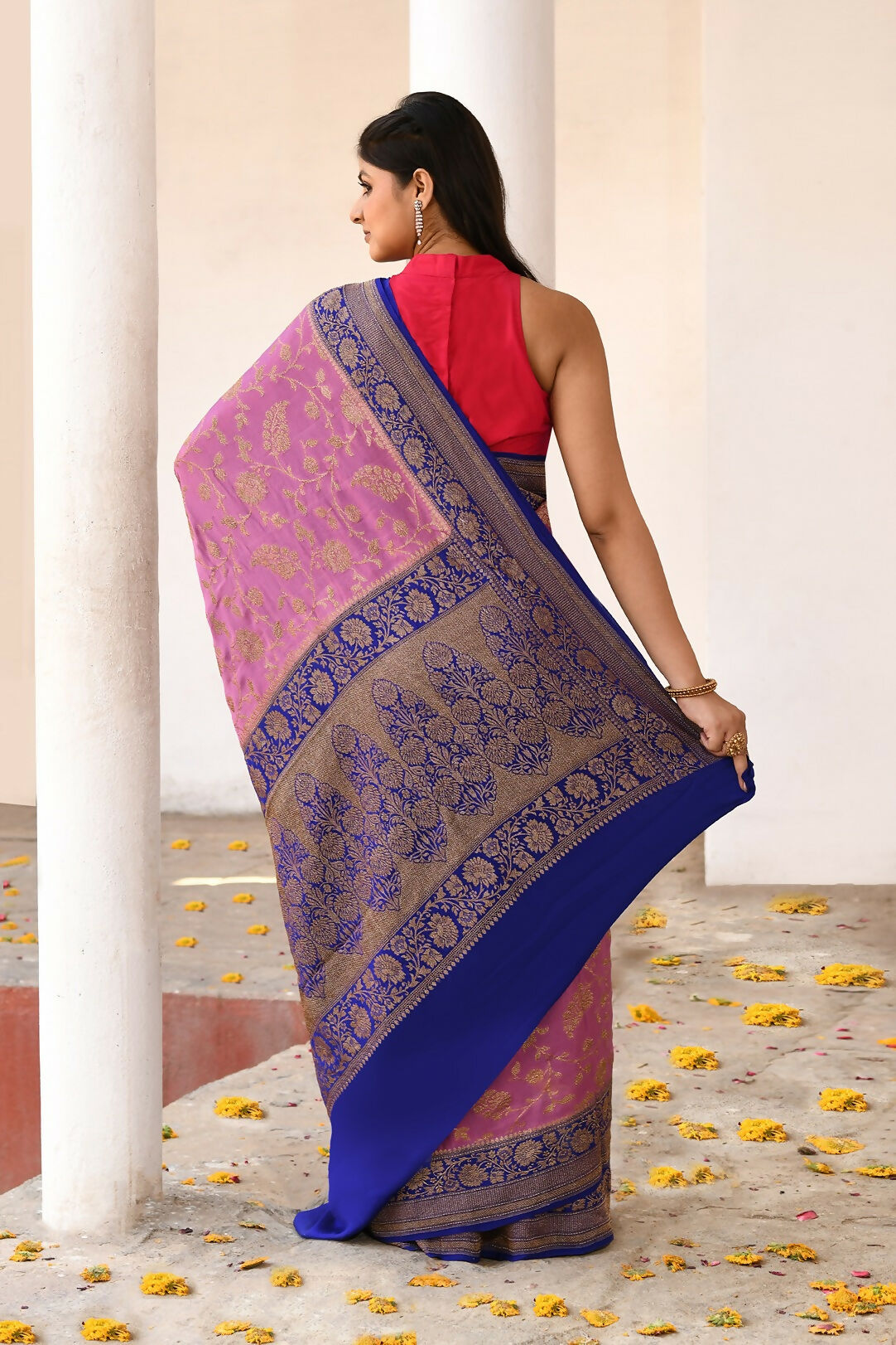 Joban Fashion Nude Pink Crepe Chiffon Pure Handloom Banarasi Silk Saree