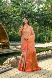 Thumbnail for Aastha Fashion Peach Woven Kanchipuram Silk Saree with Blouse - Distacart
