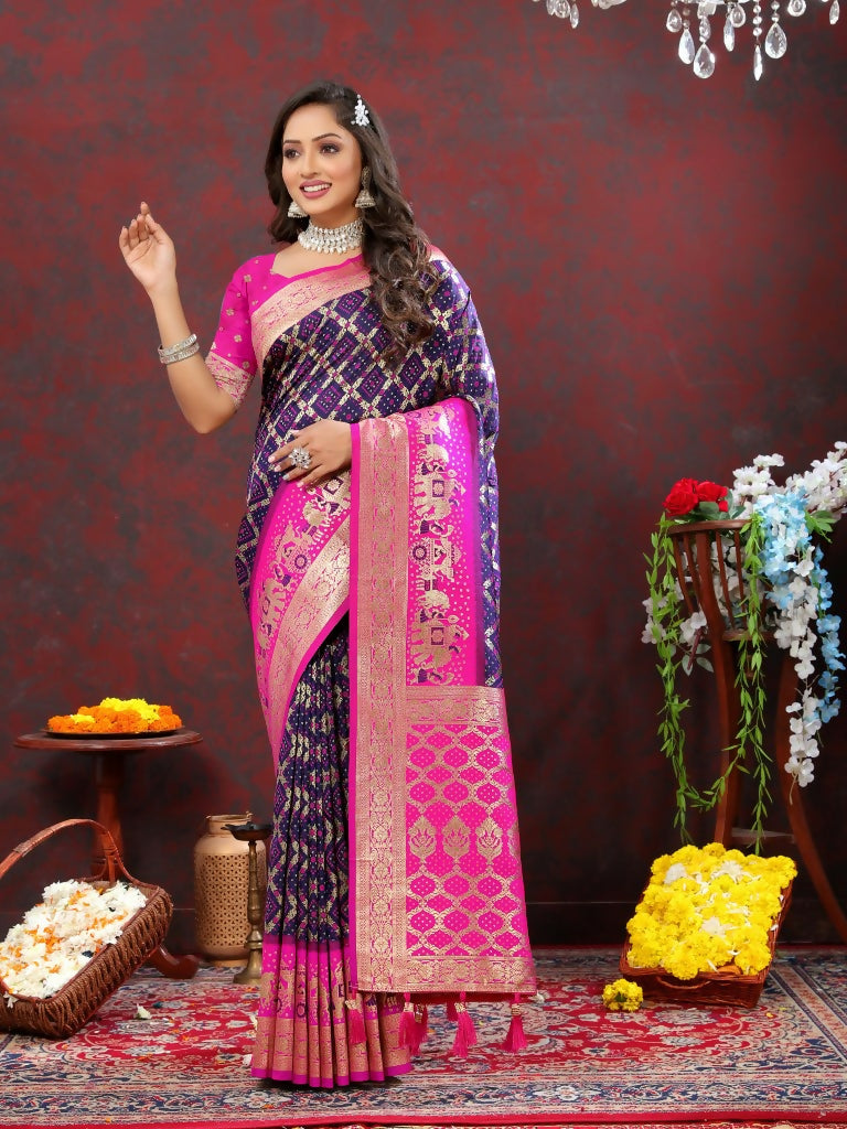 Vastranavya Navy Blue Soft Patola Silk With Meenakari Weaving Motifs And Rich Zari Weaving Pallu Saree With Matching Blouse Fabric - Distacart