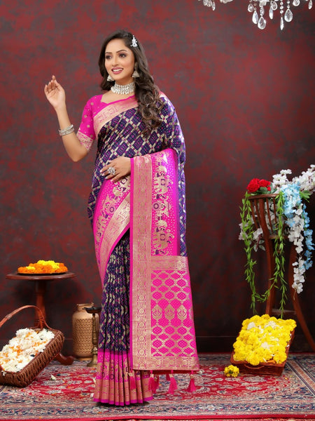 Vastranavya Navy Blue Soft Patola Silk With Meenakari Weaving Motifs And Rich Zari Weaving Pallu Saree With Matching Blouse Fabric - Distacart