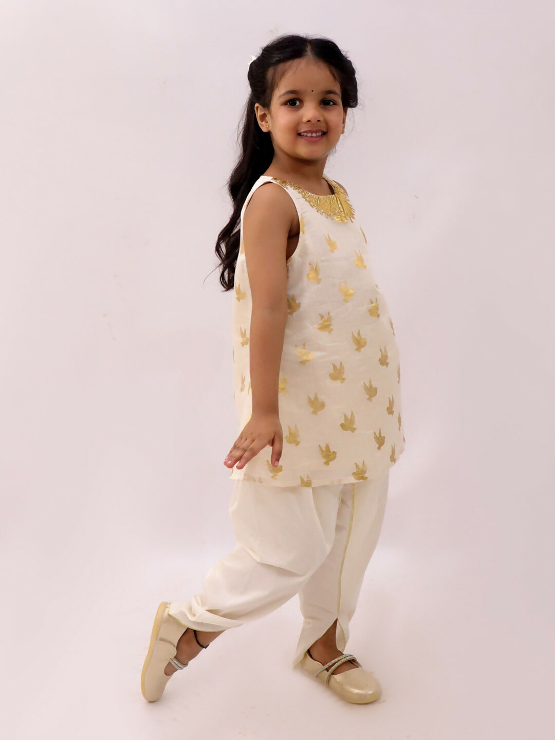Lil Drama Mishti Off White Kurta and Dhoti Set For Girls