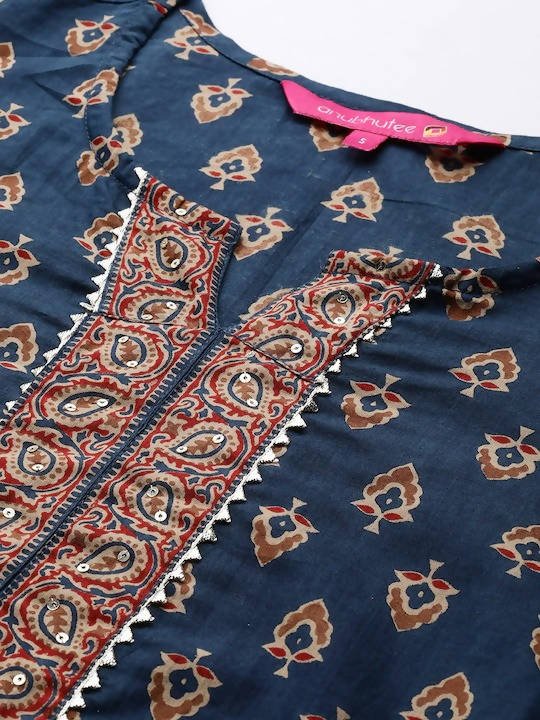 Anubhutee Navy Blue Printed Gotta Patti Pure Cotton Kurta with Trousers & Dupatta - Distacart