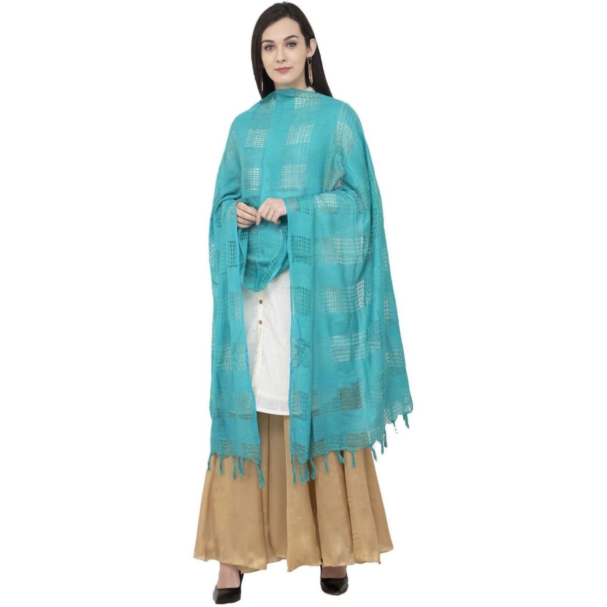 A R SILK Window Square Regular Dupatta Rama Green Color Dupatta or Chunni